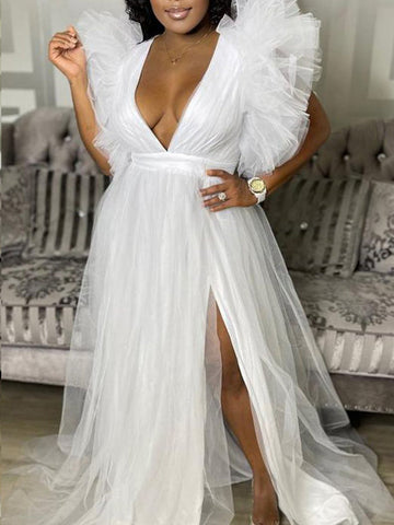 Yooulike Side Slit Puffy Tutu Tulle Deep V-Neck Baby Shower Photoshoot Gown Maternity Maxi Dress